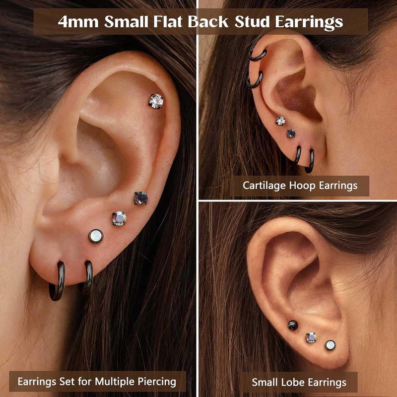 Jstyle Surgical Steel Earrings for Sensitive Ears Hypoallergenic 20G Stainless Steel Stud Hoop Earrings for Women Men Small Opal Ball CZ Surgical Steel Flat Back Earrings Cartilage Earrings Hoop Stud - Image 2
